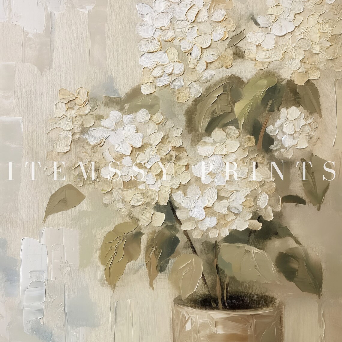 White Hydrangeas in Rustic Pot Neutral Cottage Still Life Floral Poster - Image 2