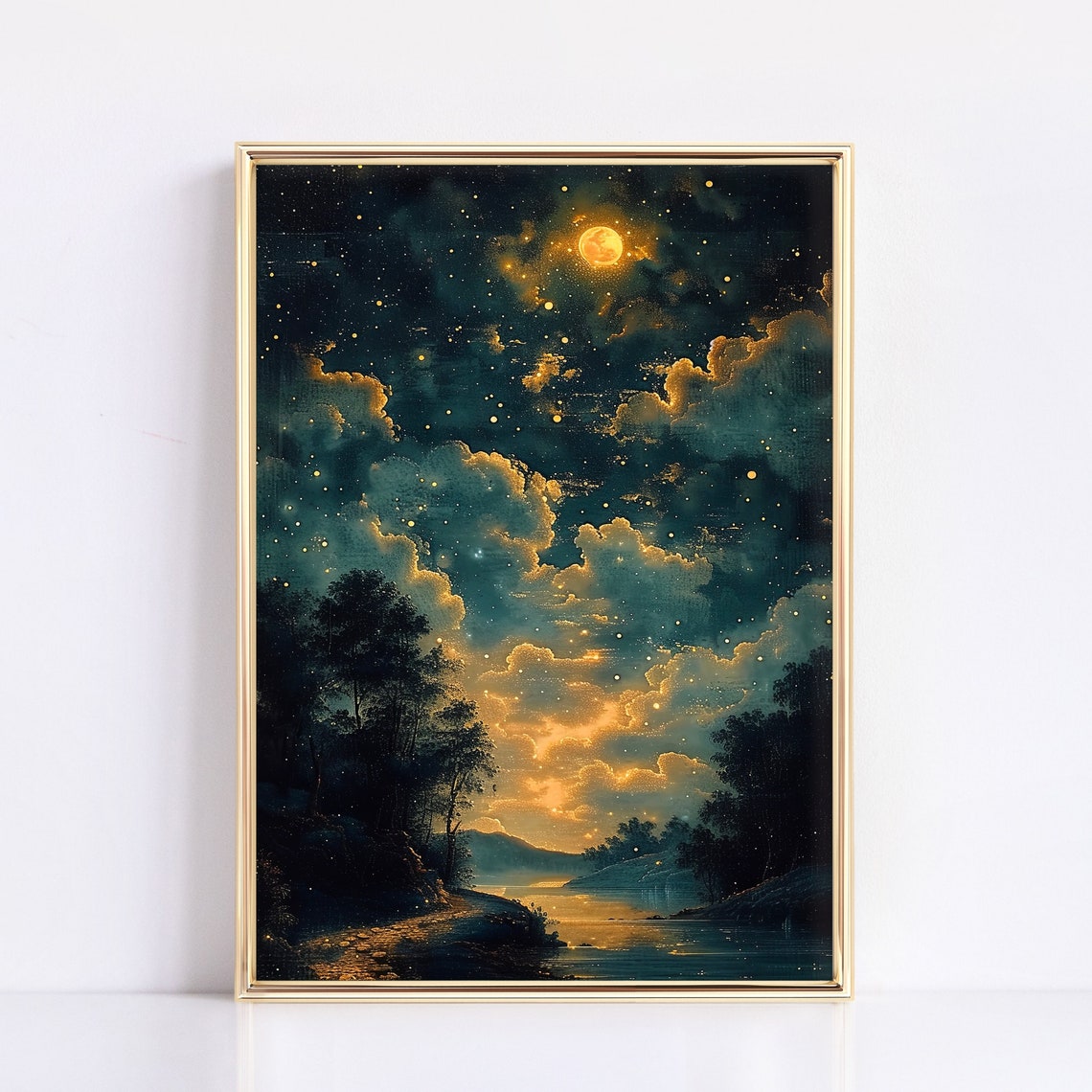 Vintage Starry Night Sky Golden Moon Celestial Painting Poster - Image 3