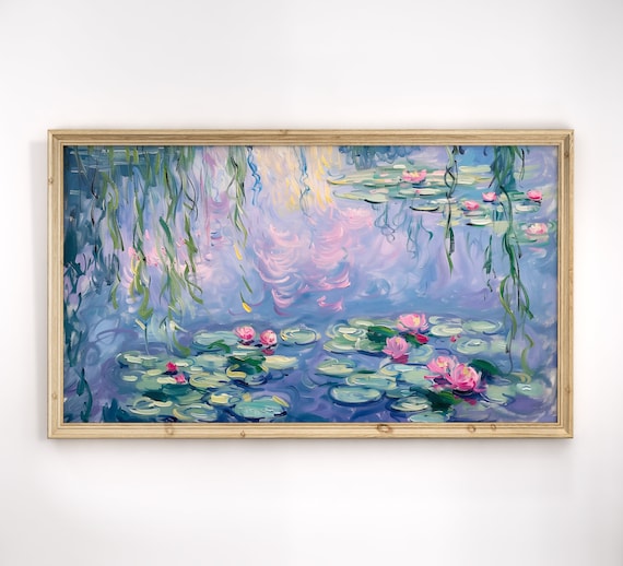 Water Lilies With Willow Reflections Lavender Monet Style Art Poster