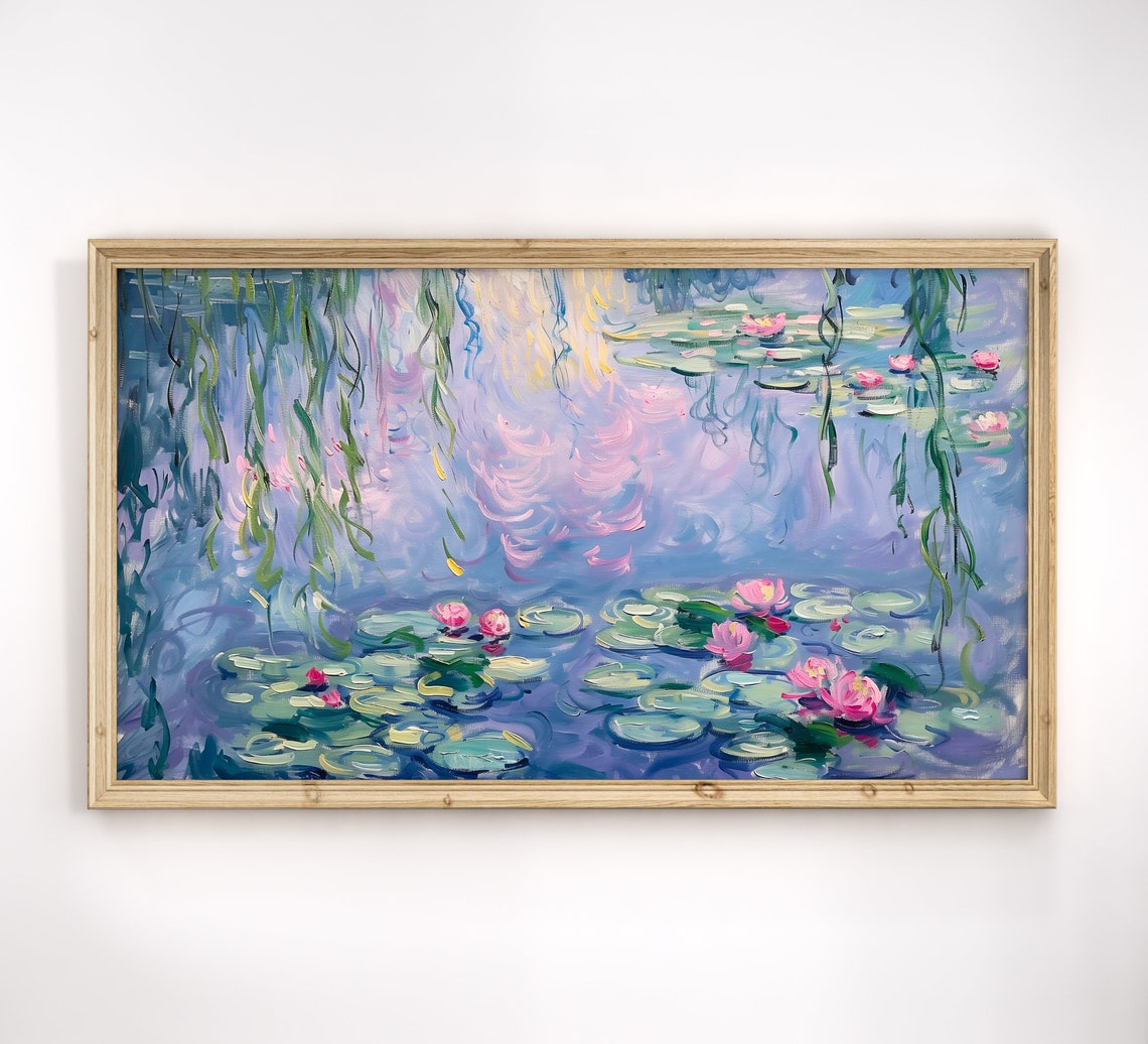 Water Lilies With Willow Reflections Lavender Monet Style Art Poster