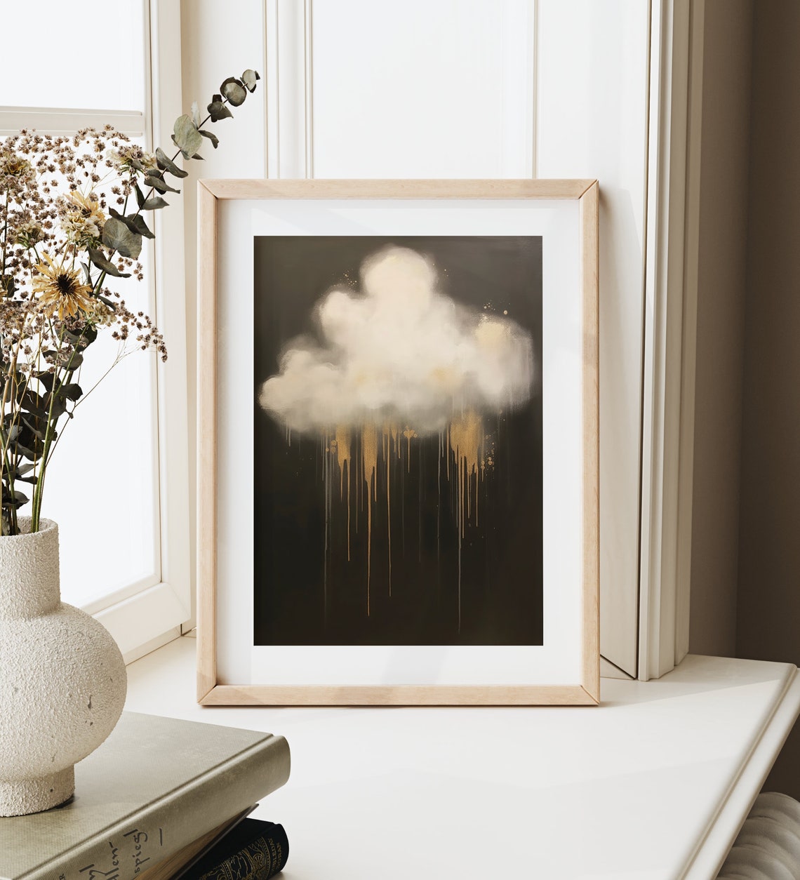 White Cloud with Dripping Gold Rain Abstract Dark Art Poster - Image 3