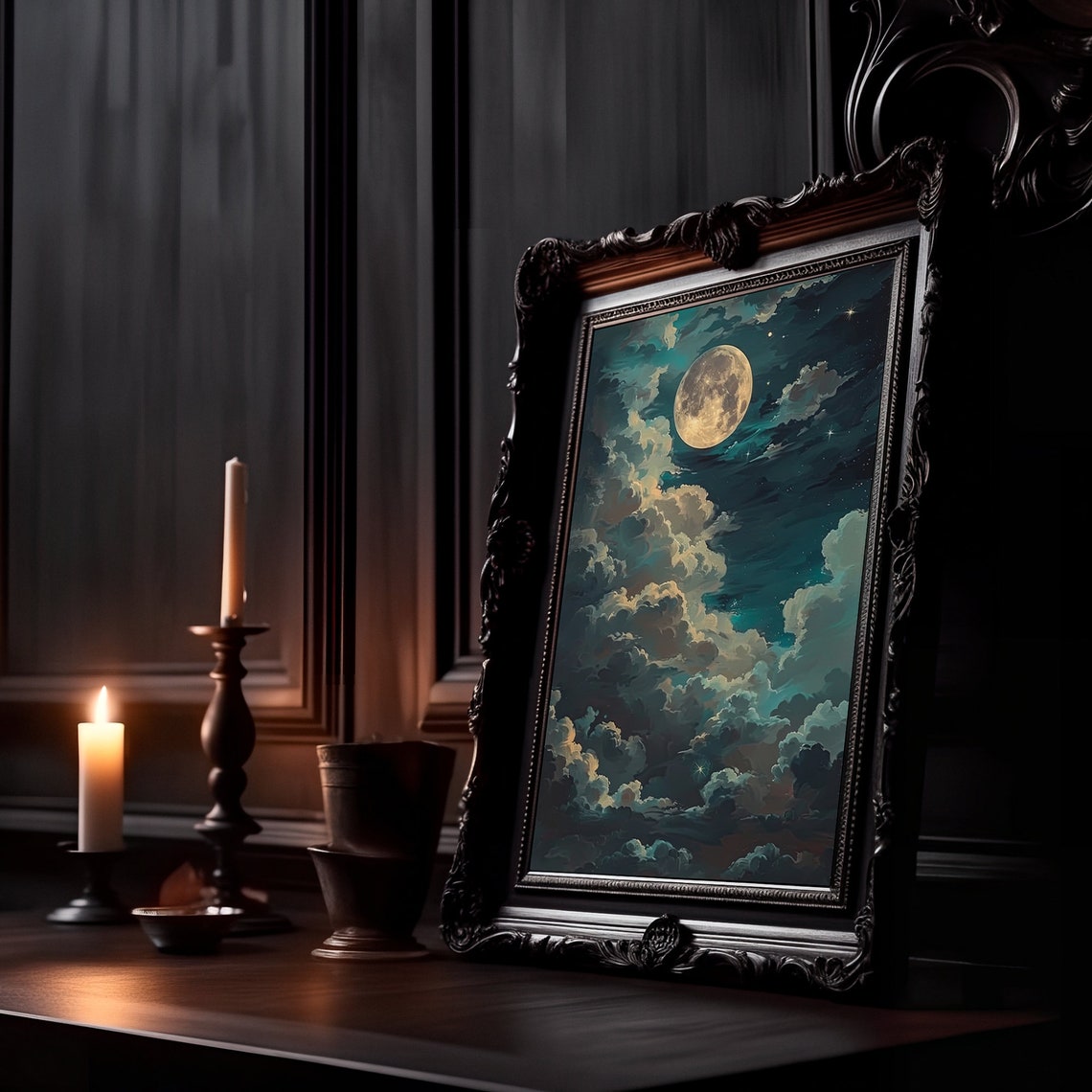 Full Moon Rising Over Billowing Clouds Teal Night Sky Poster - Image 2