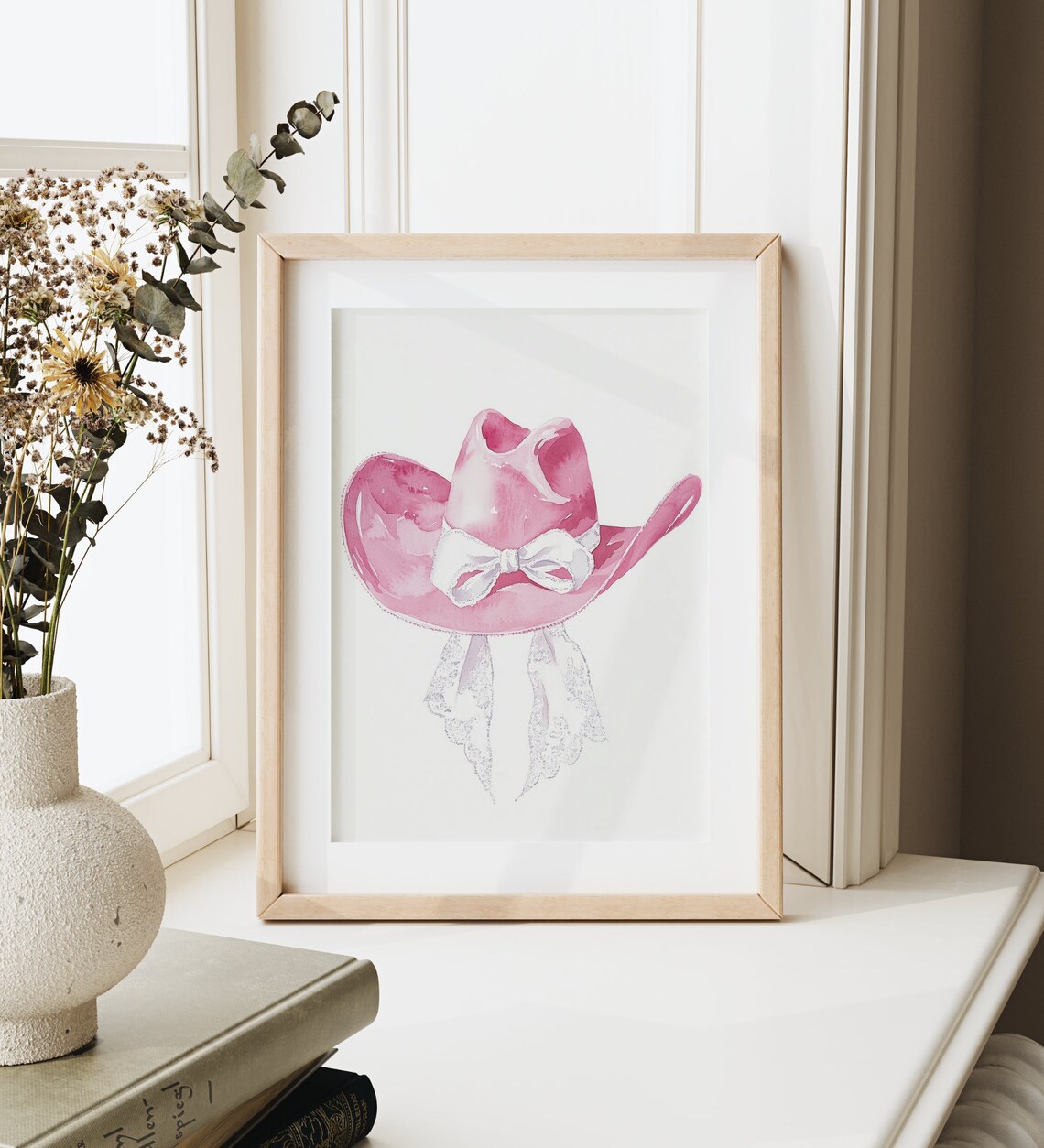 Pink Cowgirl Hat with White Bow Watercolor Girly Western Wall Art - Image 2