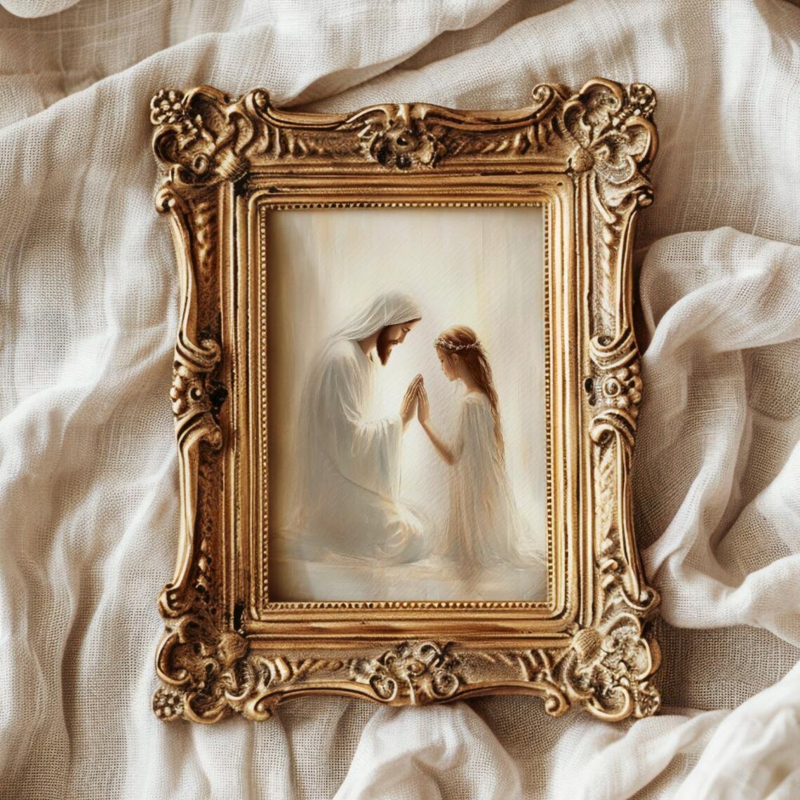 Jesus Kneeling In Prayer With Young Girl In White Light Poster - Image 3