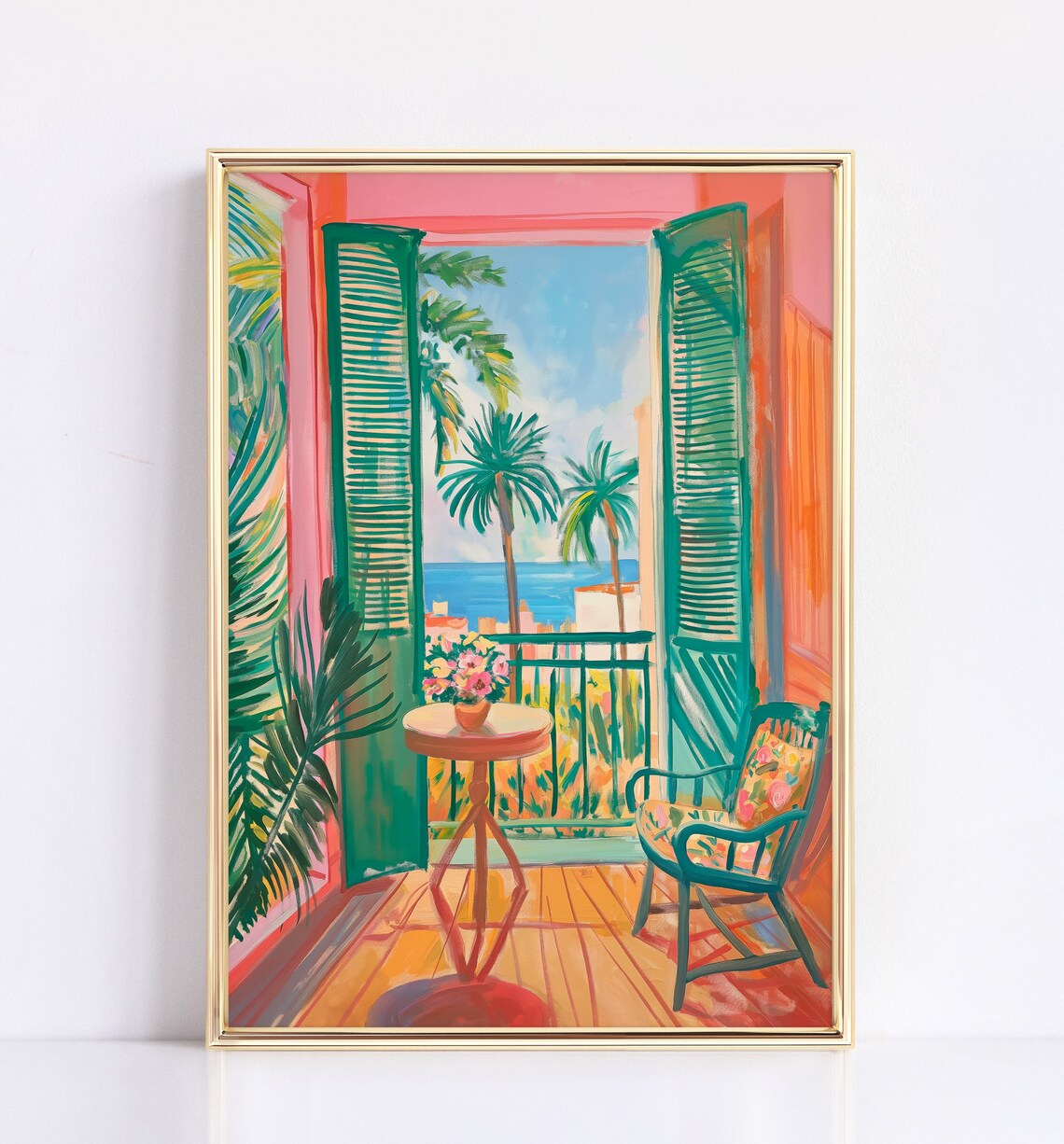 Open Window Overlooking Tropical Balcony Palm Trees Sea Matisse Style Poster