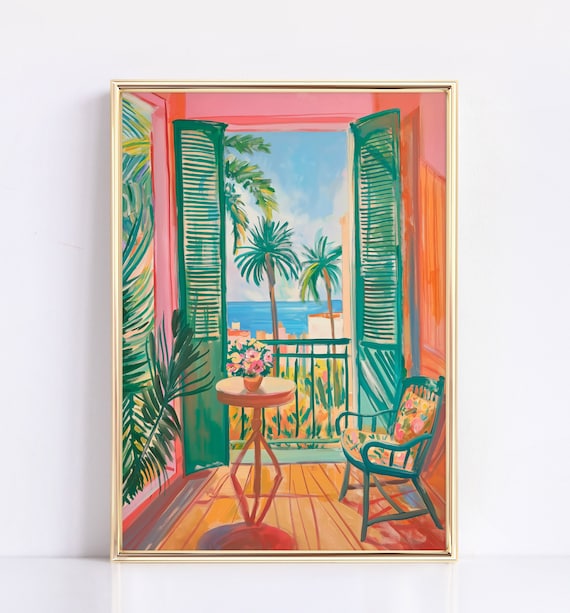 Open Window Overlooking Tropical Balcony Palm Trees Sea Matisse Style Poster