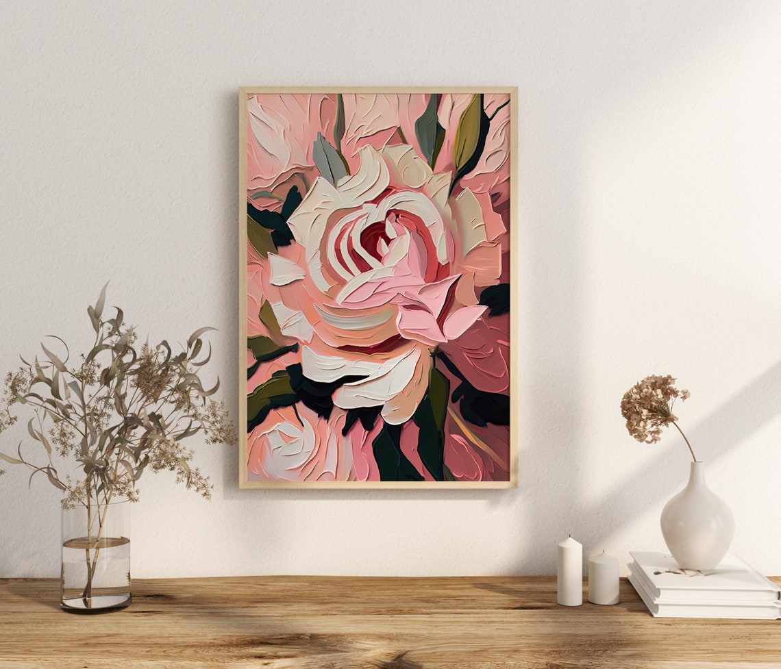 Pink Rose Close Up Impasto Oil Painting Romantic Floral Art Poster - Image 3