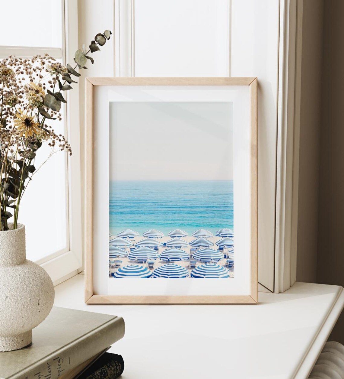 Blue White Striped Beach Umbrellas Calm Ocean Coastal Art Poster - Image 3