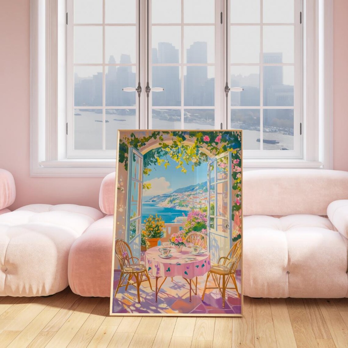 Sunlit Open Terrace Overlooking Mediterranean Coast Art Print French Doors View - Image 2