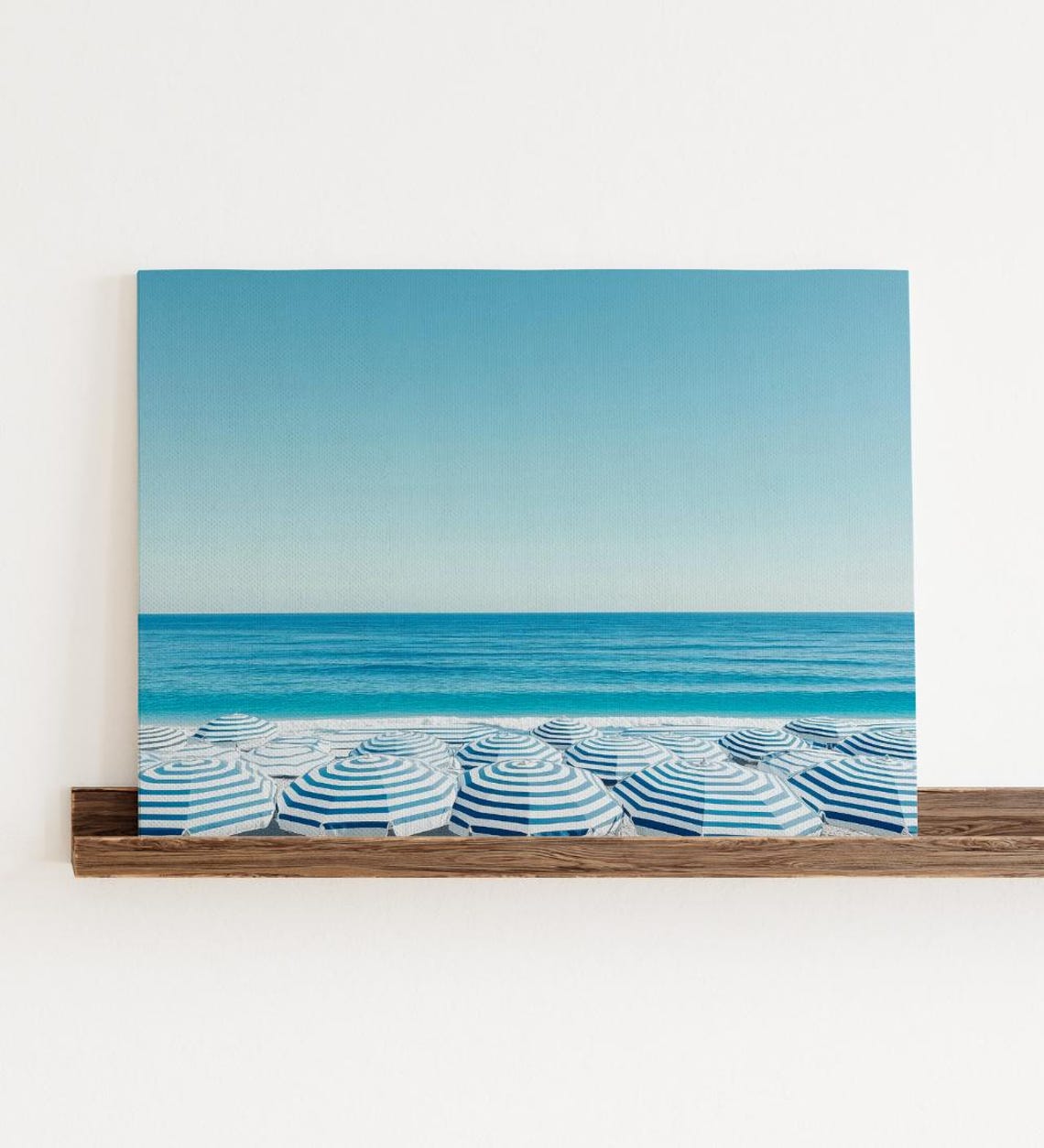 Blue Striped Beach Umbrellas Aerial Seaside Minimalist Art Poster - Image 3