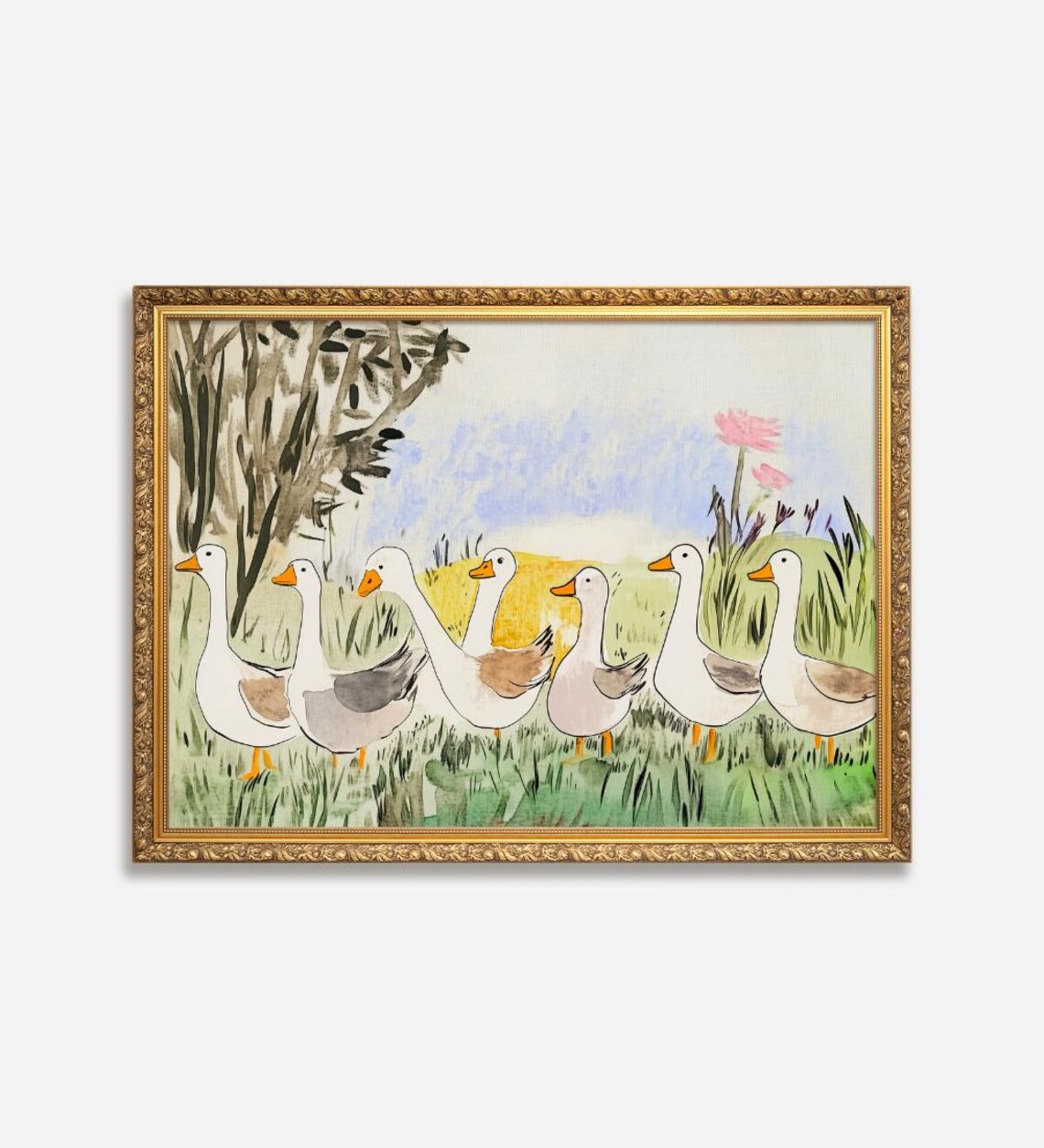 White Geese Watercolor Painting Farm Nursery Antique Style Poster - Image 2