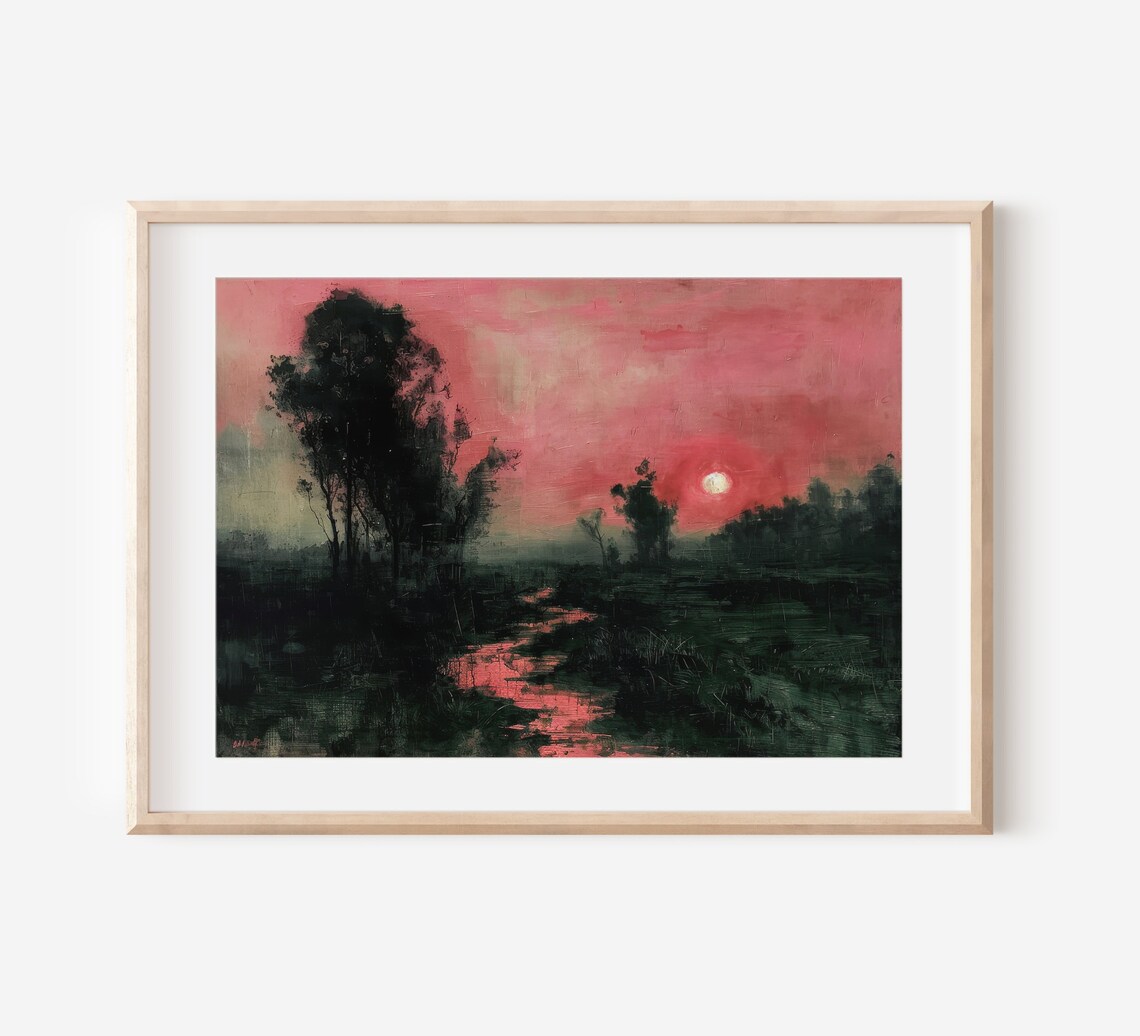 Red Sunset Over Dark Marshland Wetland Vintage Mood Painting Poster - Image 2