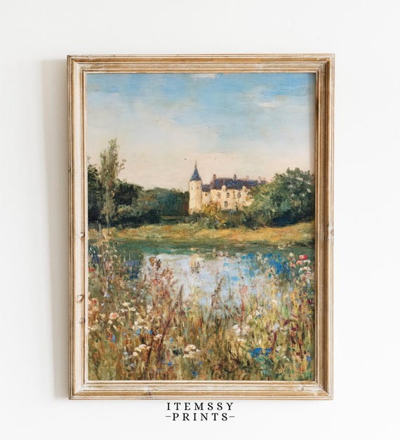 Vintage French Chateau, Muted Countryside Manor Art Print
