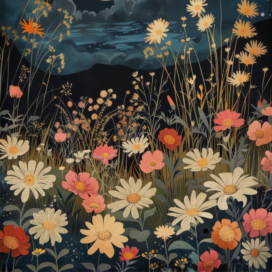 Full Moon Wildflower Meadow Starry Night Dark Celestial Art Poster - Image 2