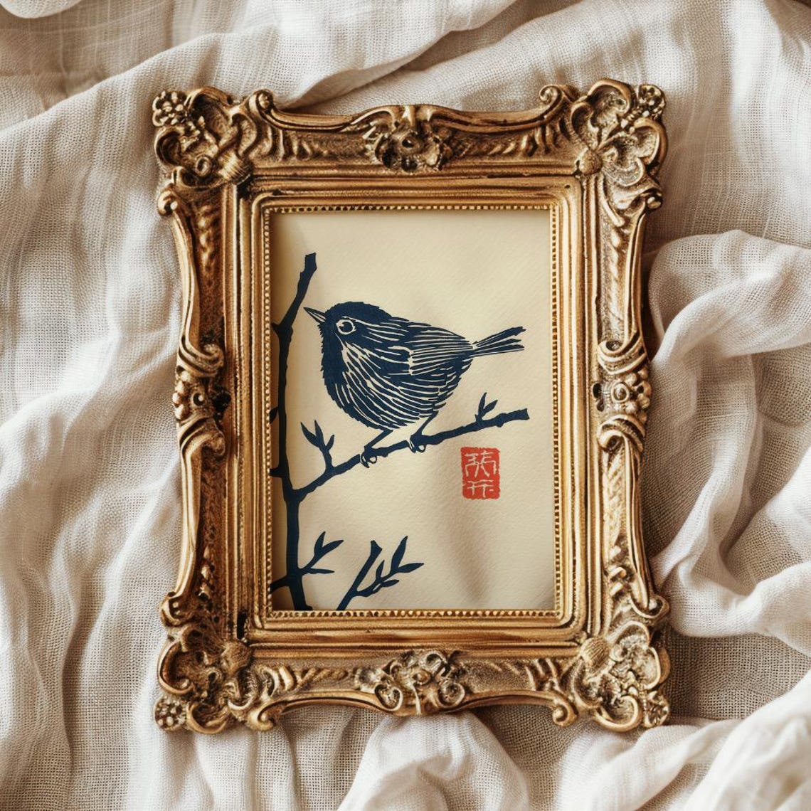 Dark Blue Wren Perched On Branch Japanese Woodblock Bird Print