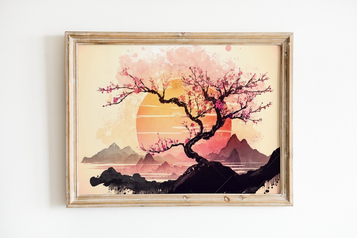 Japanese Cherry Blossom Tree Sunrise Watercolor Garden Art Poster