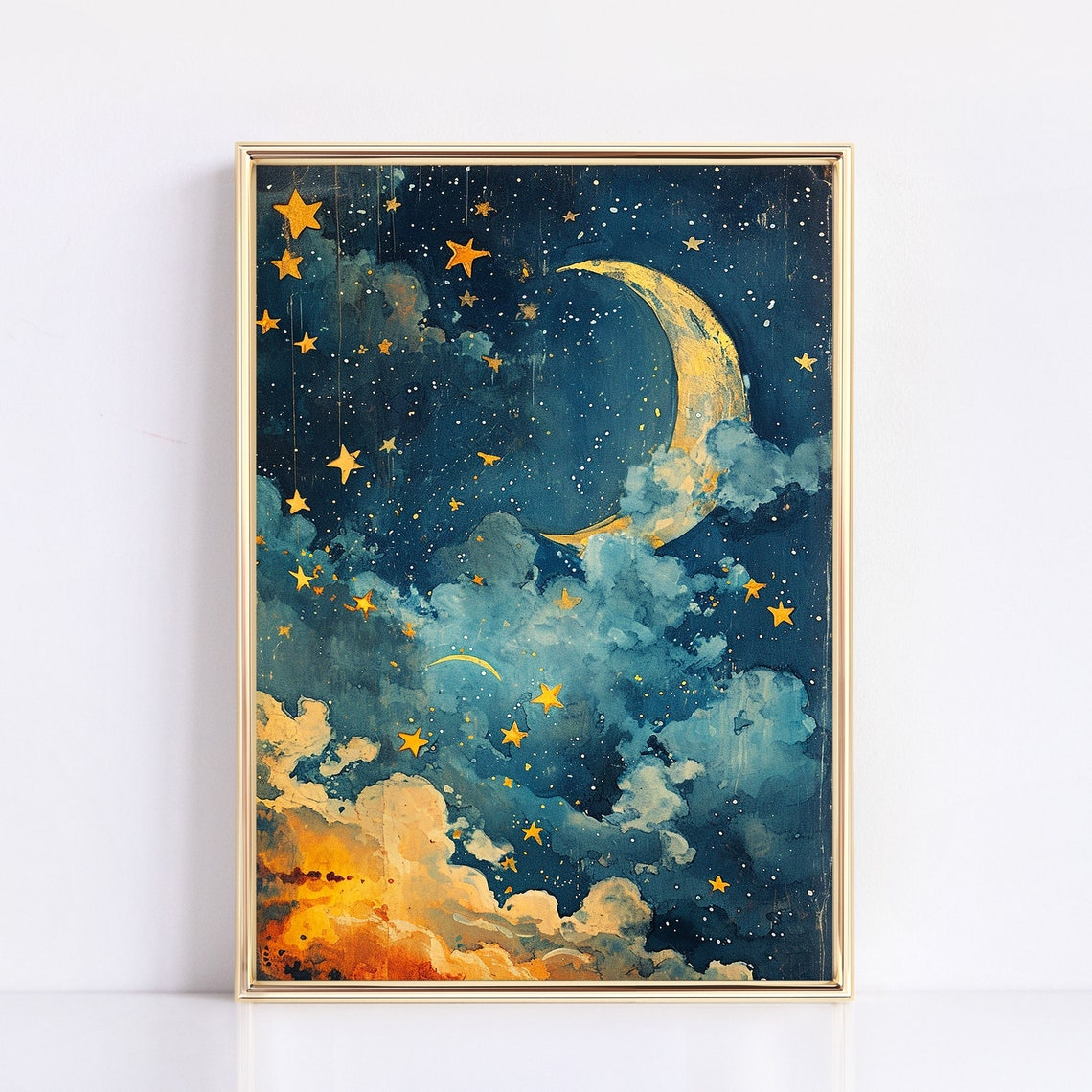 Whimsical Crescent Moon and Stars Midnight Cloud Painting Poster - Image 3