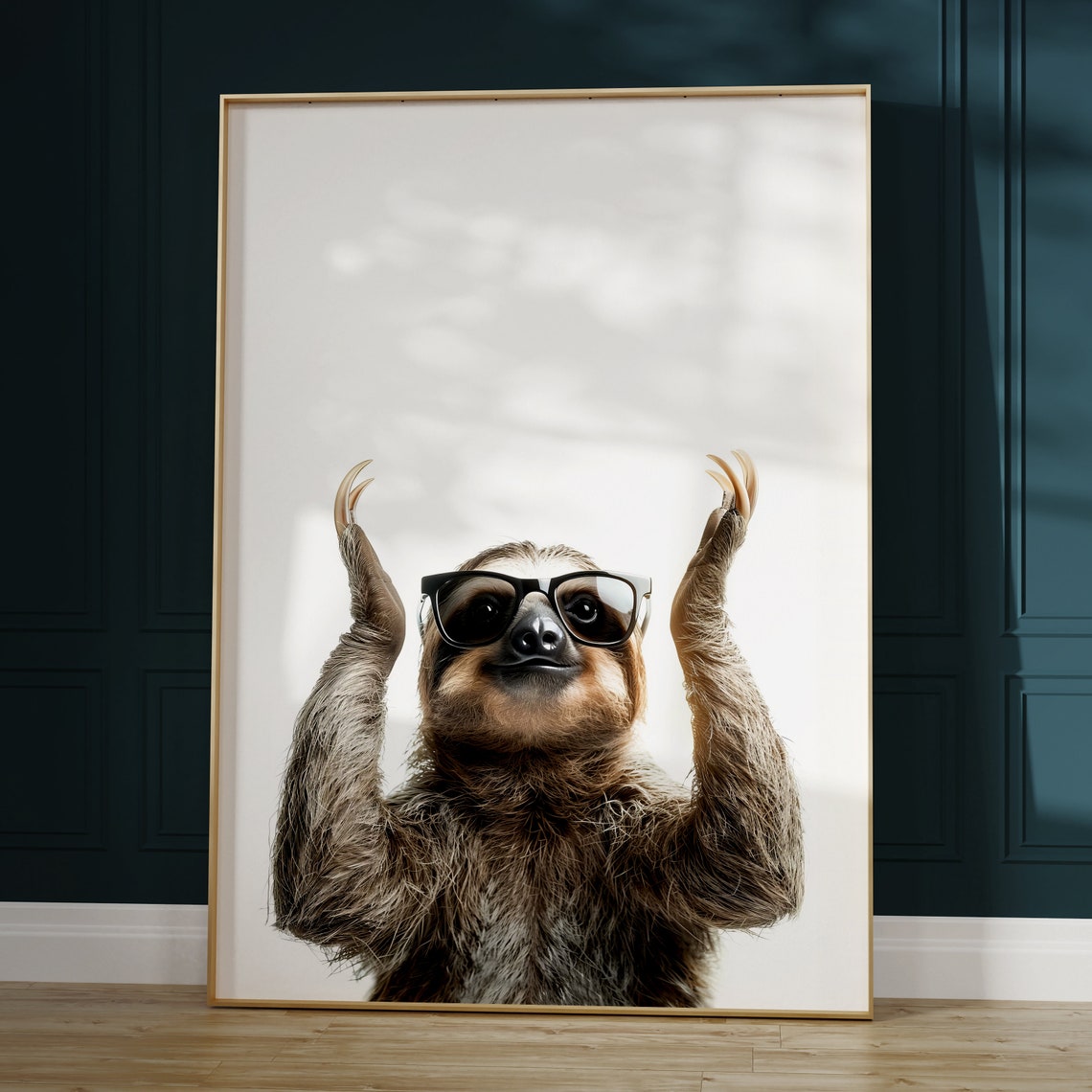 Cheerful Sloth In Sunglasses Arms Raised Funny White Photo Poster - Image 2