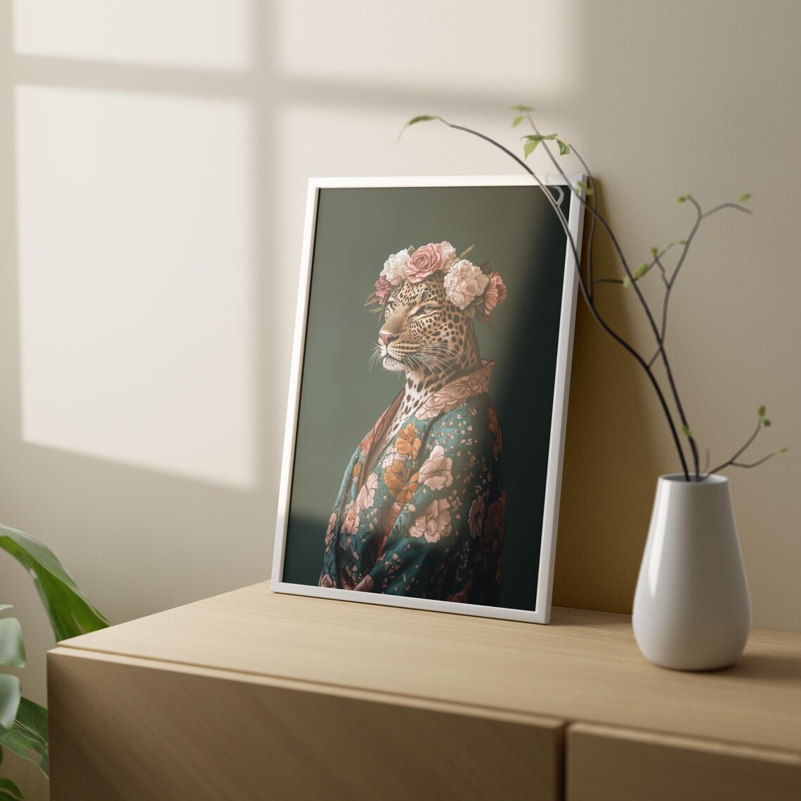 Regal Leopard Portrait Flower Crown Floral Robe Dark Green Poster - Image 3