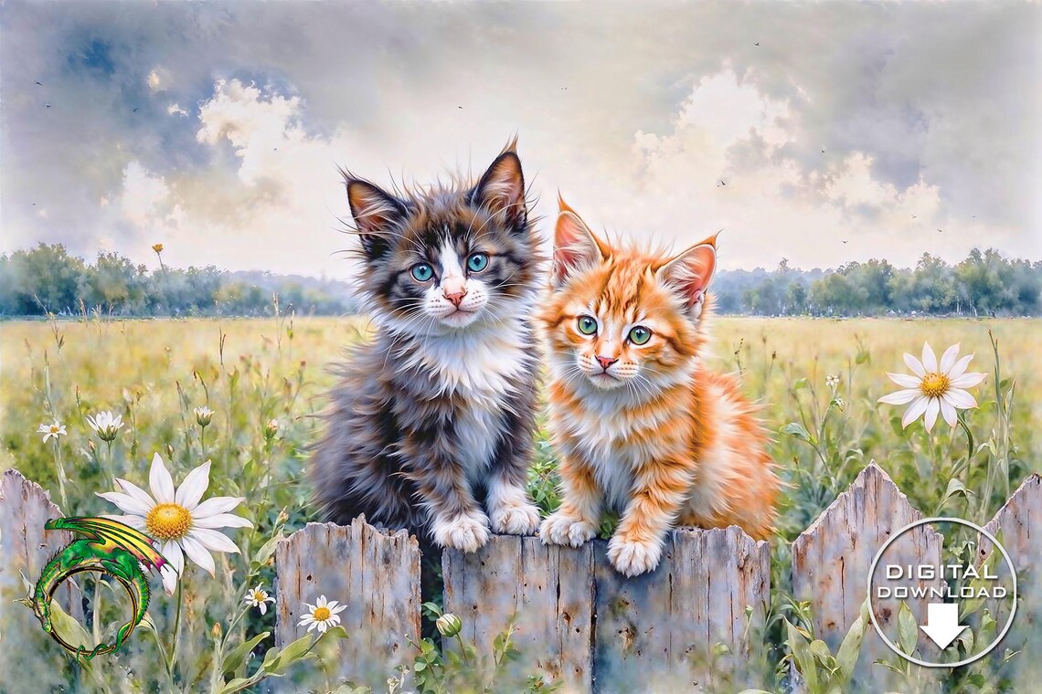 Two Cute Kittens on Rustic Fence Watercolor Daisy Field Poster