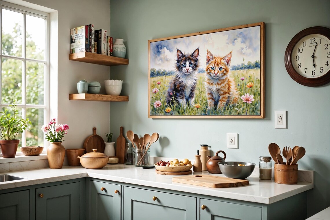 Two Fluffy Kittens in Sunny Wildflower Meadow Watercolor Poster - Image 3