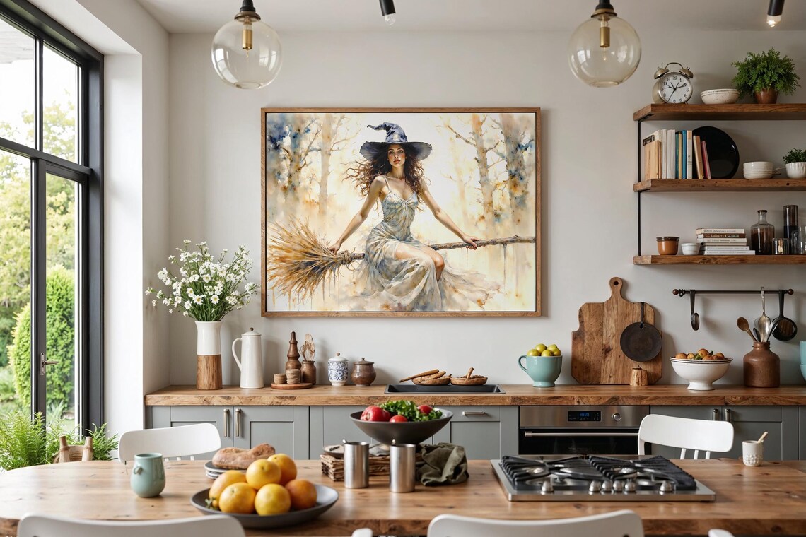Witch Flying on Broomstick in Misty Forest Watercolor Poster - Image 3