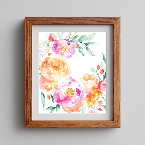 Orange Rose Wreath Wall Art Romantic Garden Flower Circle Painting Soft Spring Bloom Decor Botanical 209