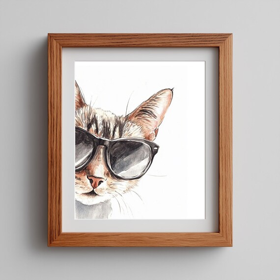 Cool Cat Wall Art Funny Sunglasses Portrait Whimsical Pet Lover Decor Black And White Animal 106