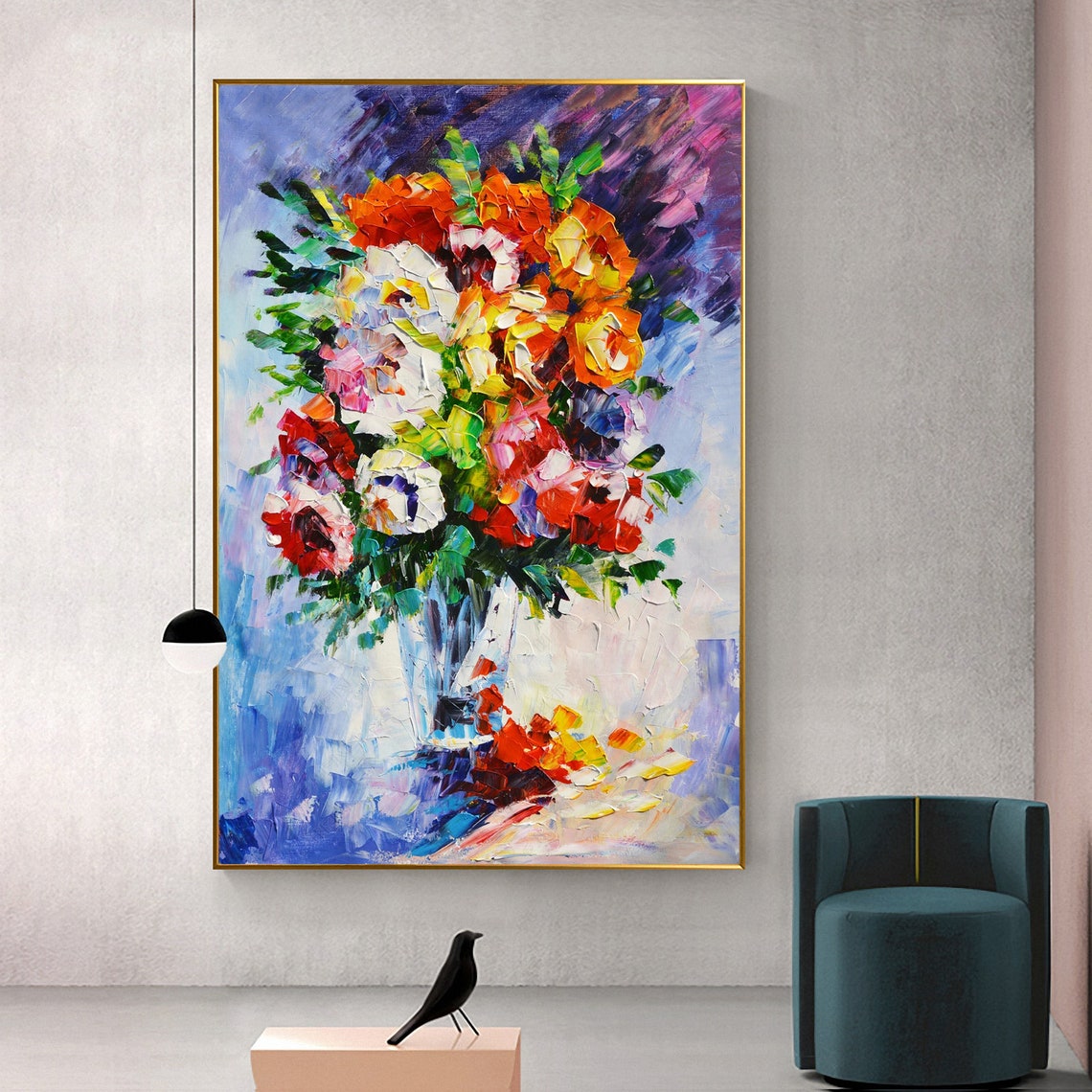 Original Art Colorful Flower Oil Painting On Textured Art Palette Knife Painting Living Room Decor Abstract Rose Flower Painting Art - Image 2