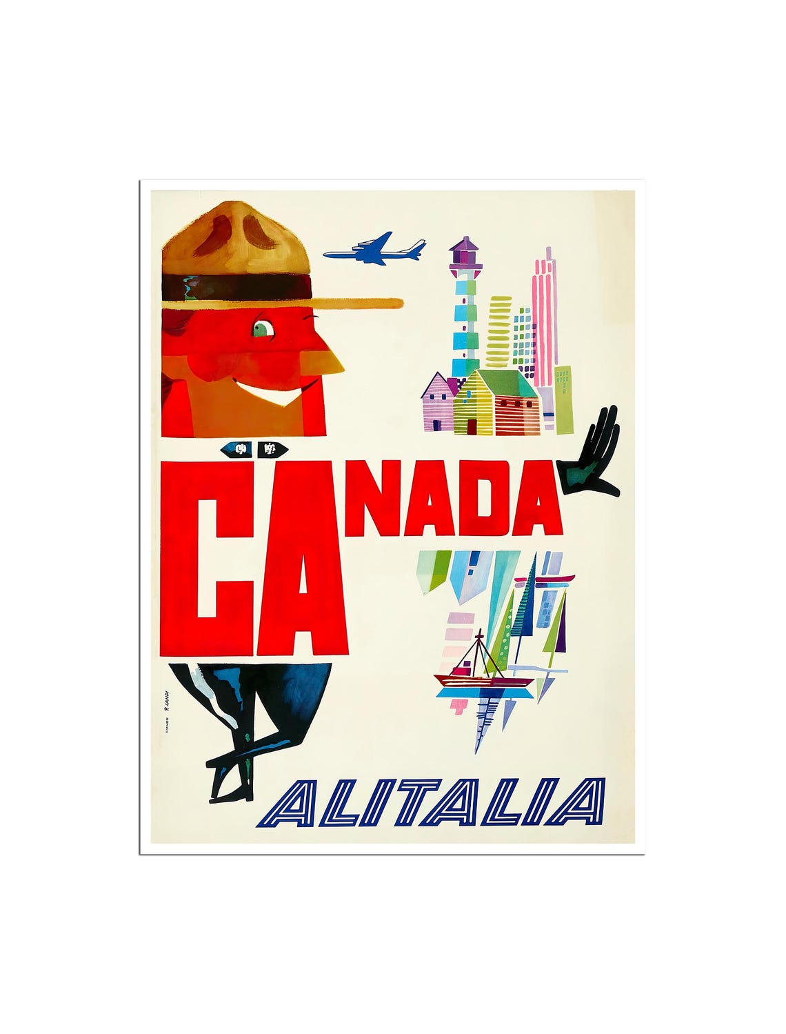 Canada Mountie Stylized Face Alitalia Airline Vintage Travel Poster