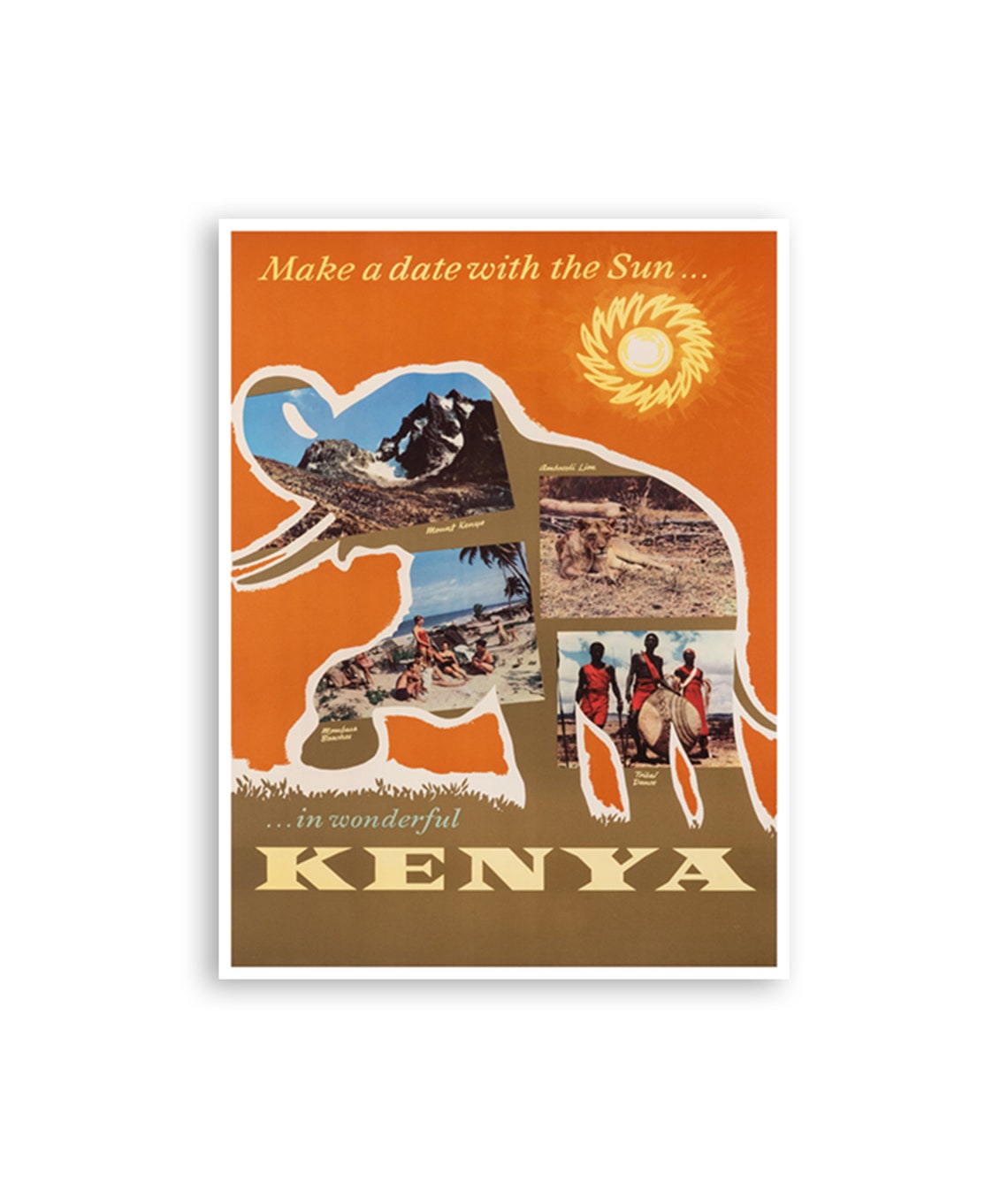 Kenya Make a Date With the Sun Elephant Safari Vintage Travel Poster