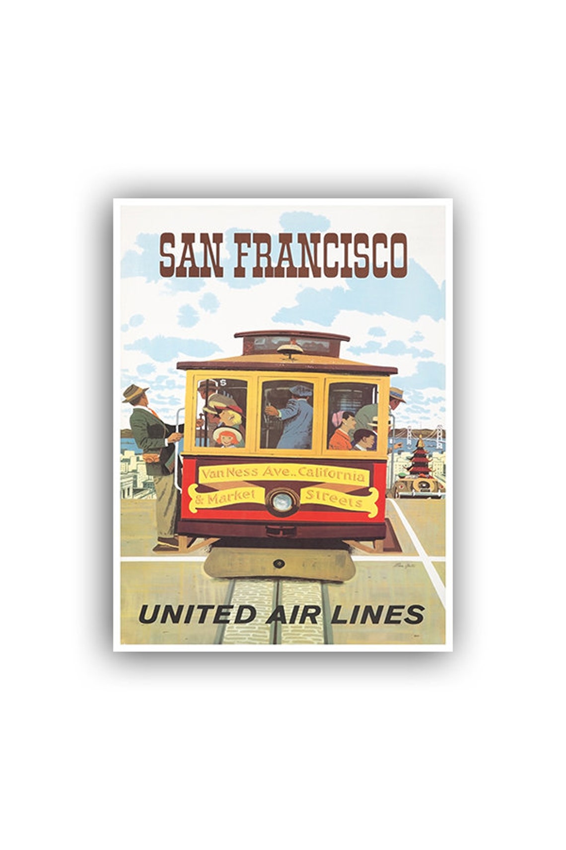 San Francisco Cable Car Van Ness United Air Lines Vintage Poster