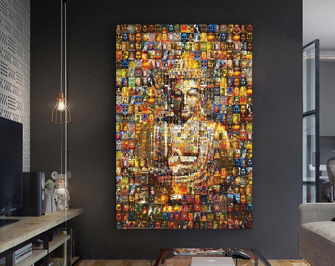 Golden Buddha Face Mosaic Hundred Faces Colorful Spiritual Poster