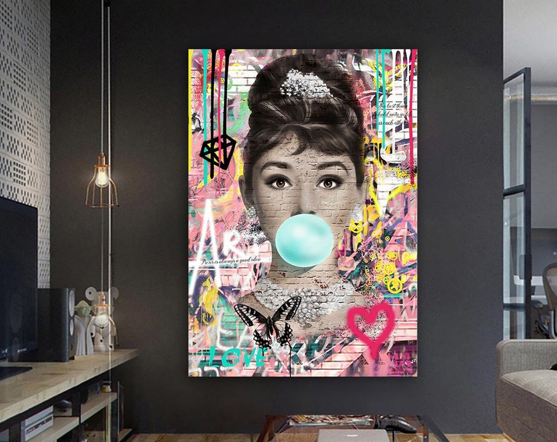 Audrey Hepburn Bubble Gum Graffiti Pop Art Portrait Pink Wall Decor