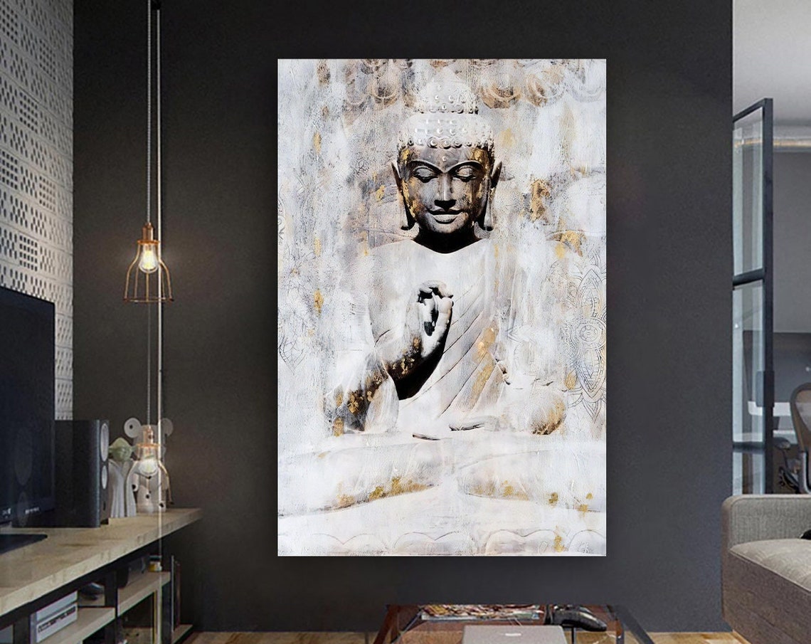 White Gold Buddha Blessing Serene Meditation Spiritual Wall Poster