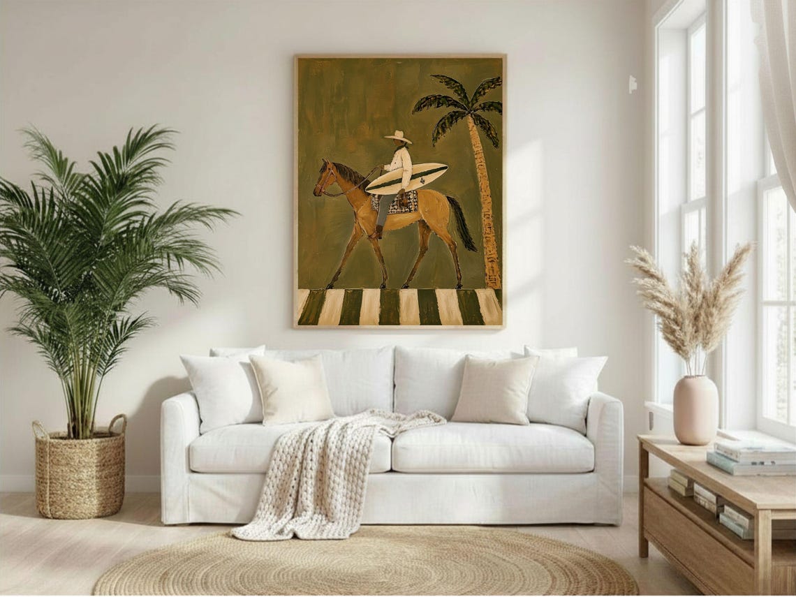 Coastal Cowboy Wall Art Surf Horse Beachy Western Modern Decor Olive Green Equestrian Print Lover Artwork - Image 5