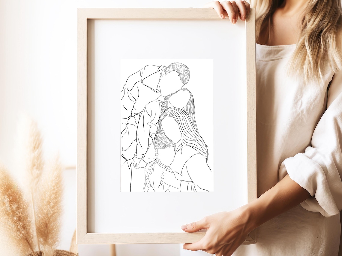 Custom Faceless Family Portrait Line Art Peach Circle Wall Art - Image 2