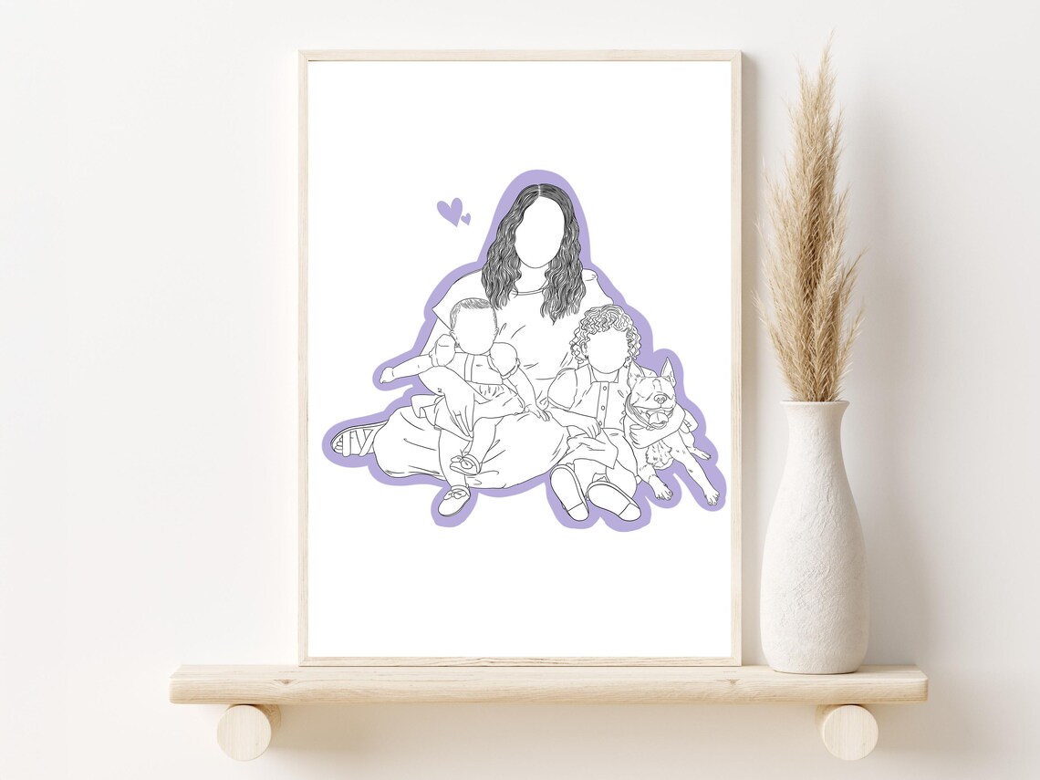 Custom Faceless Family Line Portrait With Pet Personalized Wall Art