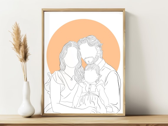 Custom Faceless Family Portrait Line Art Peach Circle Wall Art