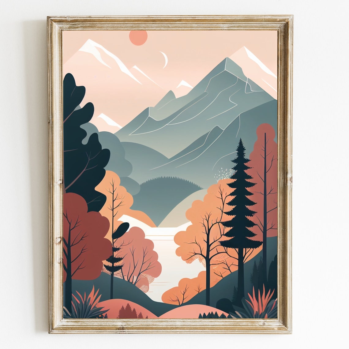 Autumn Mountain Valley Sun And Moon Flat Landscape Nature Poster