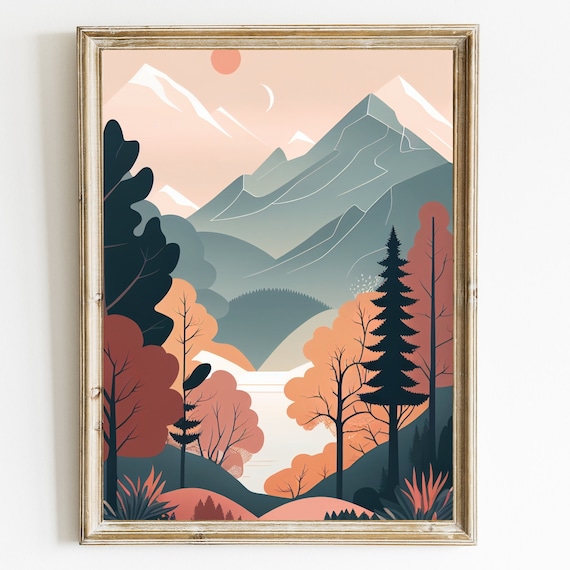 Autumn Mountain Valley Sun And Moon Flat Landscape Nature Poster
