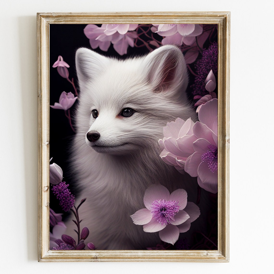 Sweet Adorable White Fox Cub with Pink Flowers Dark Floral Poster