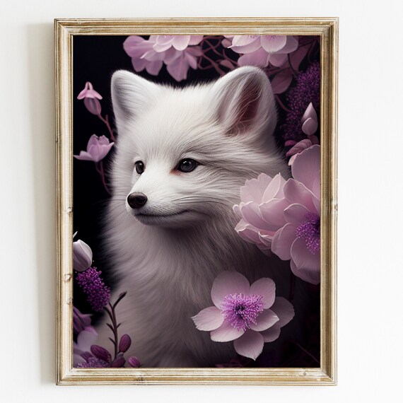 Sweet Adorable White Fox Cub with Pink Flowers Dark Floral Poster
