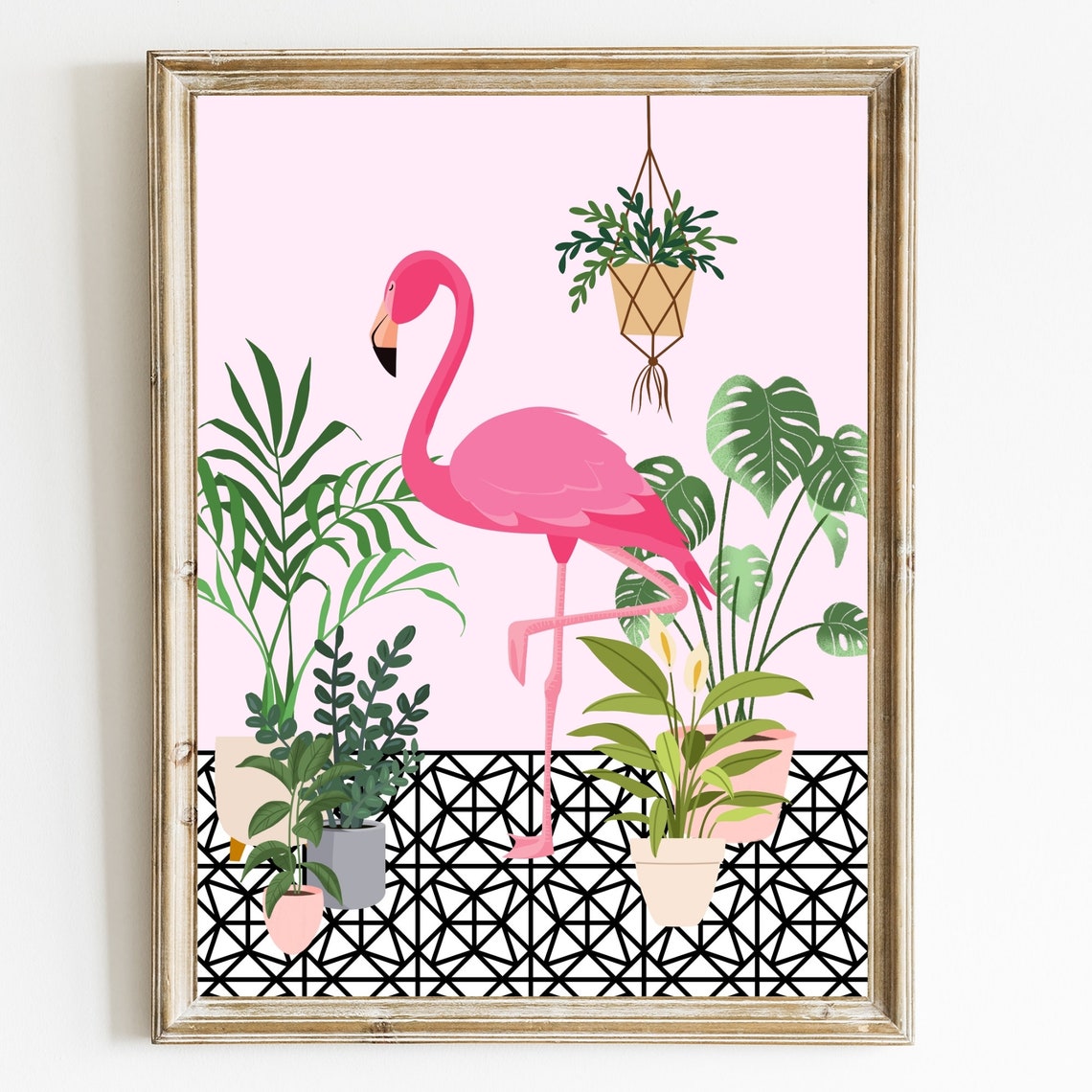 Pink Flamingo Tropical Plants Botanical Boho Jungle Style Poster