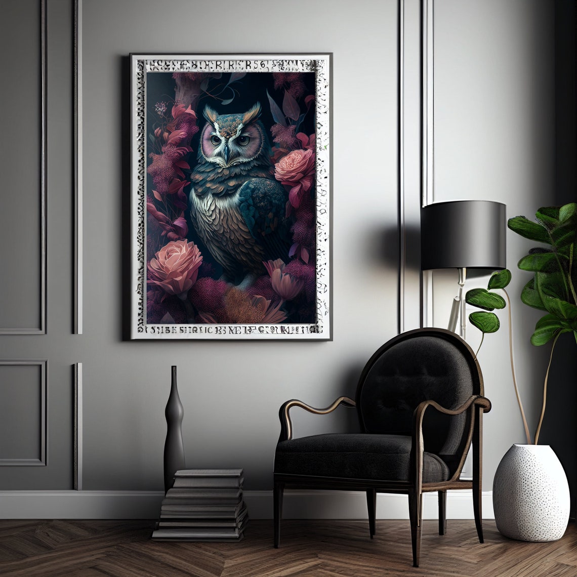 Owl Among Dark Red Roses Vintage Boho Floral Bird Portrait Poster - Image 3
