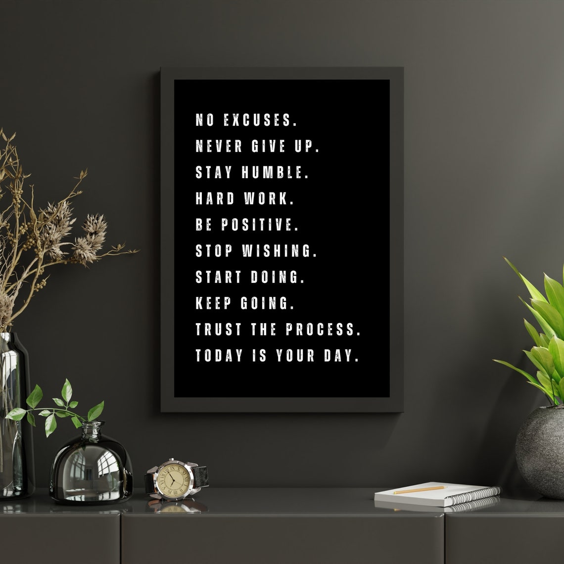 No Excuses Never Give Up Motivational Rules Black Quote Poster - Image 3