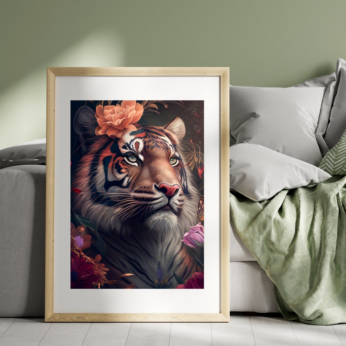 Tiger Among Dark Flowers Vintage Boho Floral Big Cat Portrait Poster - Image 3