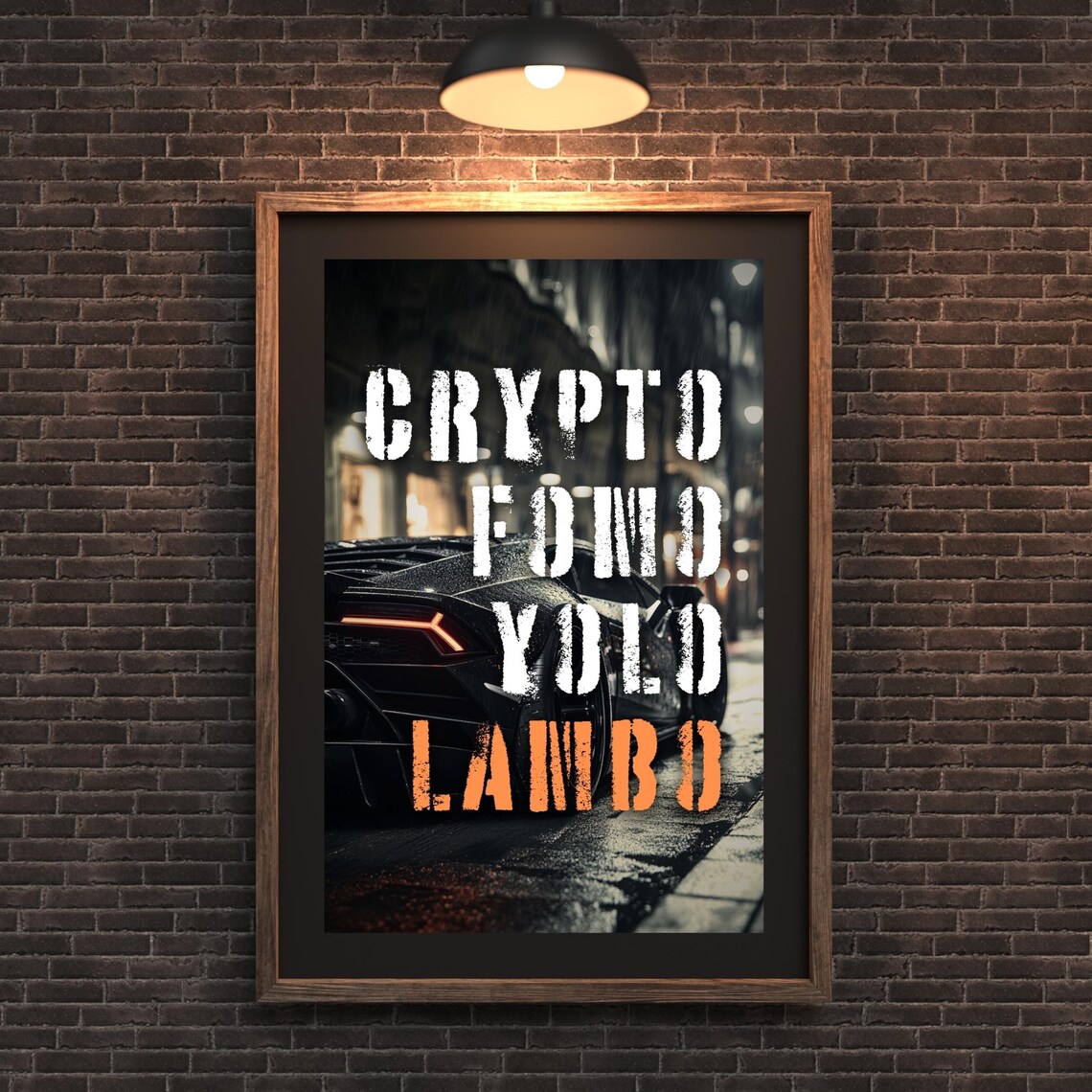 Crypto FOMO YOLO Lambo Black Sports Car Night Rain Quote Poster - Image 2