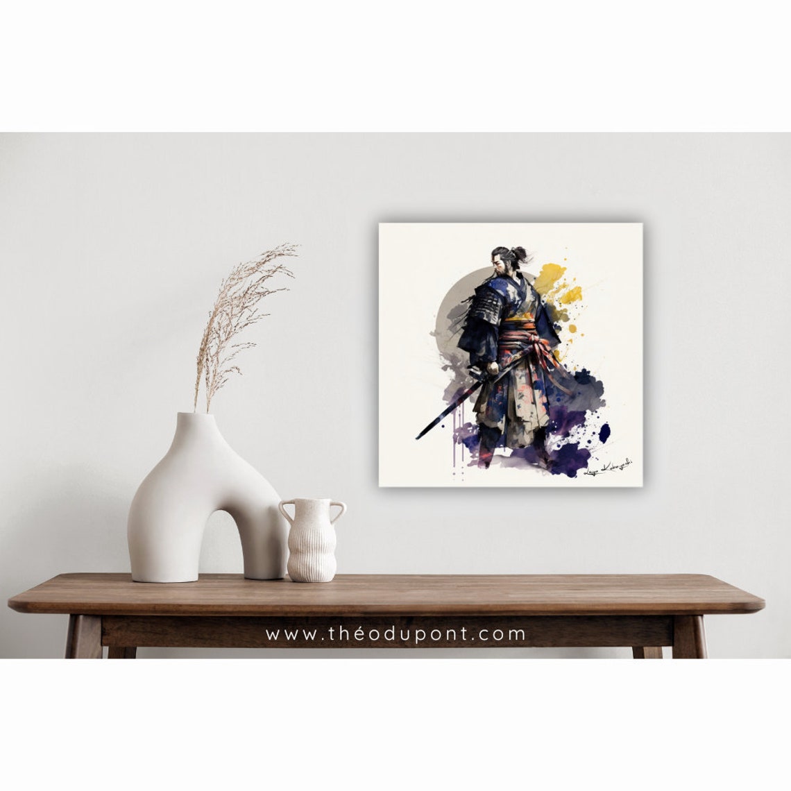 Japanese Samurai Warrior Armor Katana Ink Splash Watercolor Poster - Image 2