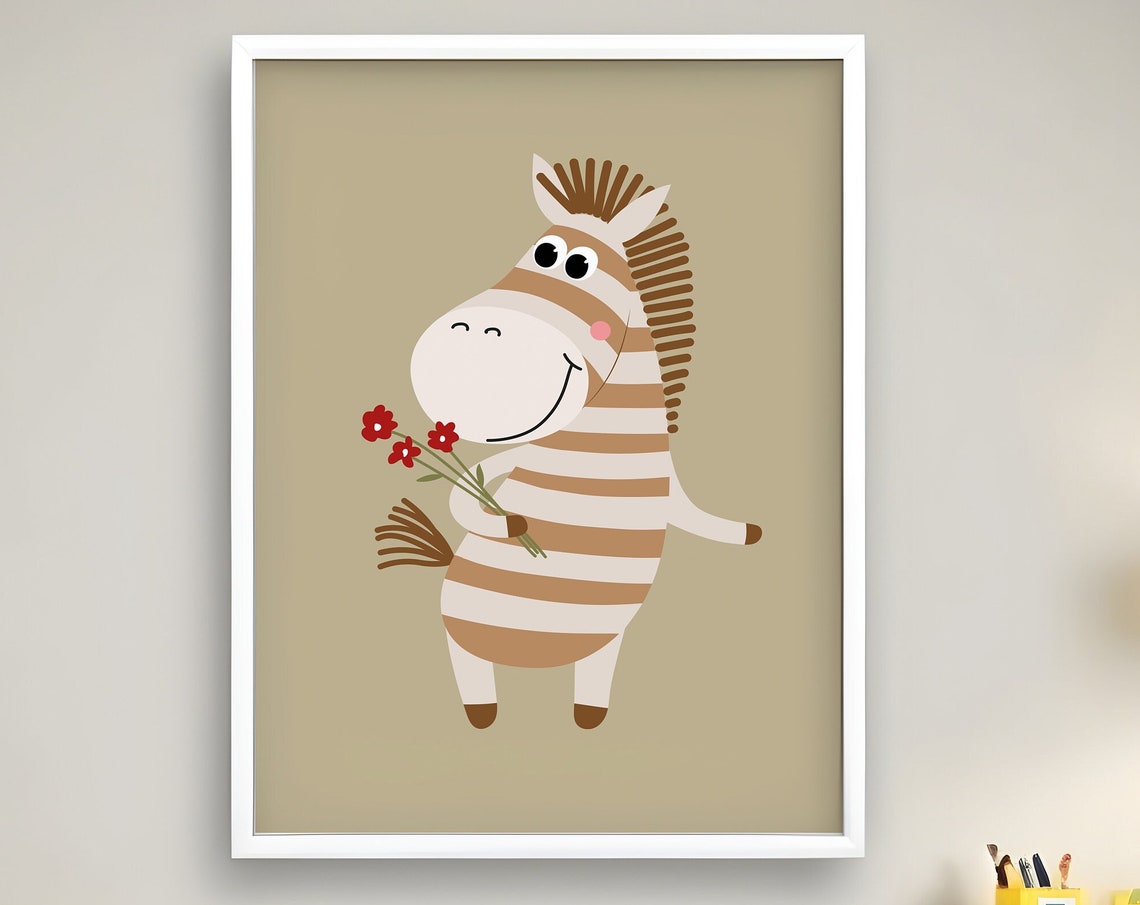 Cute Smiling Zebra Holding Flowers Nursery Baby Room Wall Poster - Image 3